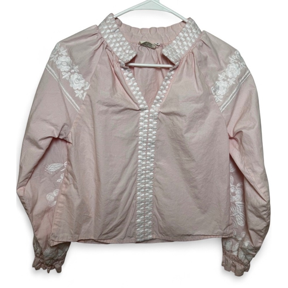 Julia Amory Pink Cotton Poplin Embroidered Floral Blouse Top Small Boho Ruffle